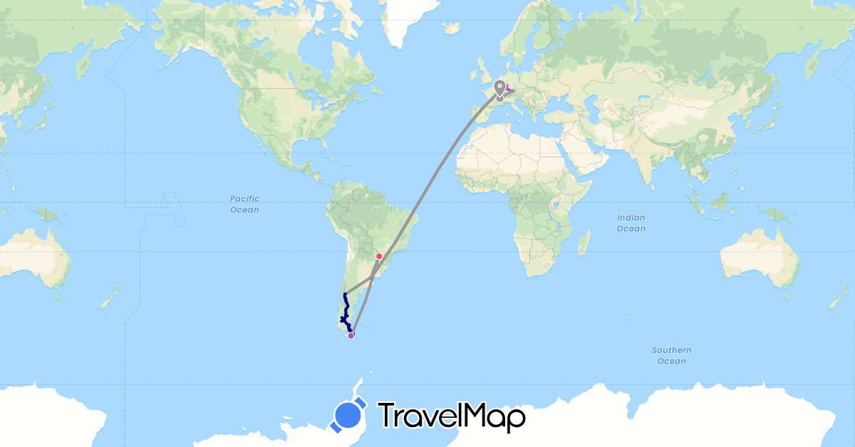 TravelMap itinerary: driving, bus, plane, train, hiking, boat in Argentina, Brazil, Chile, Germany, France (Europe, South America)